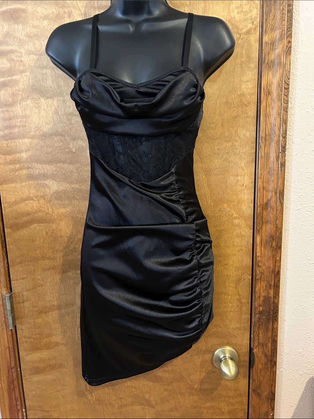 SHEIN Black Satin Lace-Panel Mini Dress